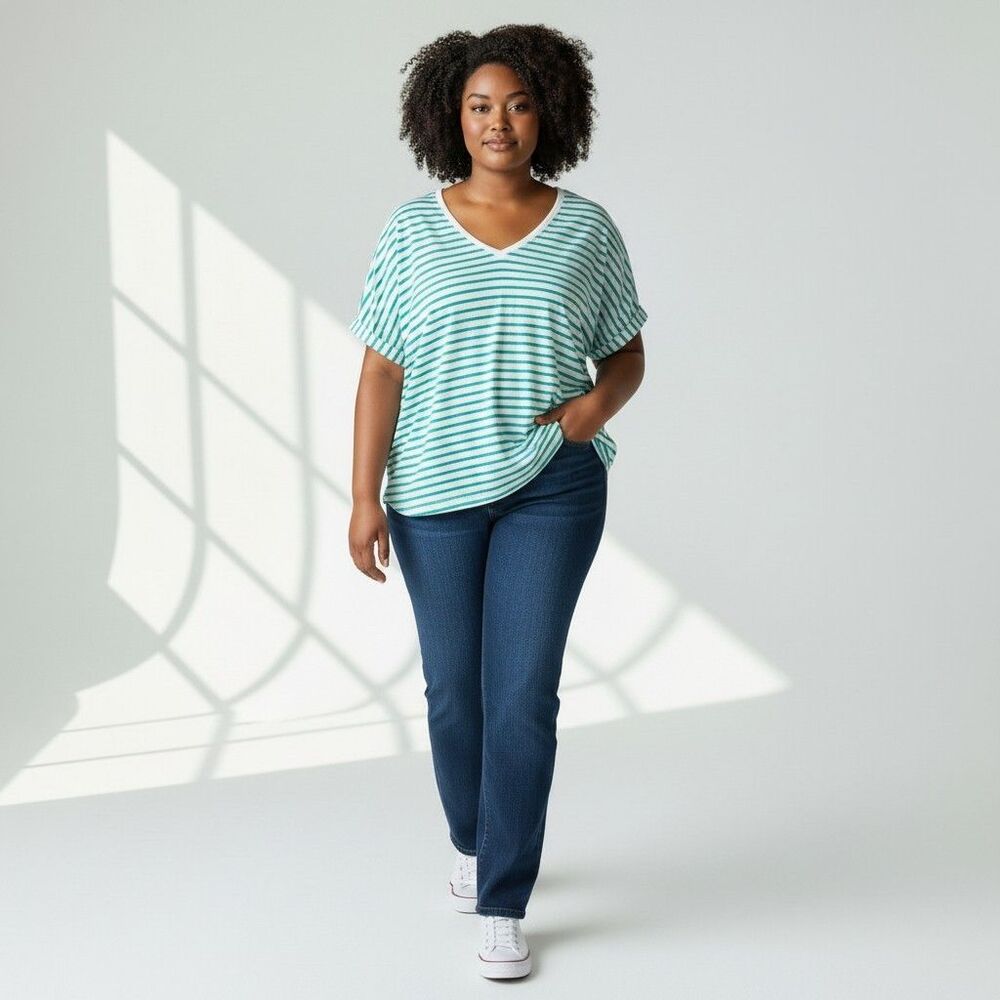 ⭐Falls Creek Womens 3XL Green White Striped V Neck Rolled Sleeve Shirt Top⭐